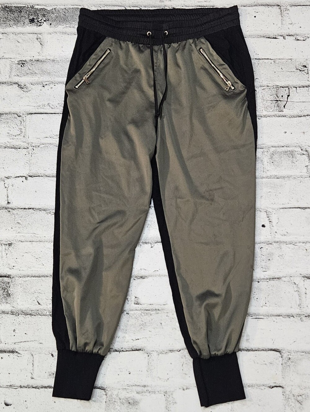 Bebe Black Olive Colorblock Jogger Pants Zip Pockets Women's XS